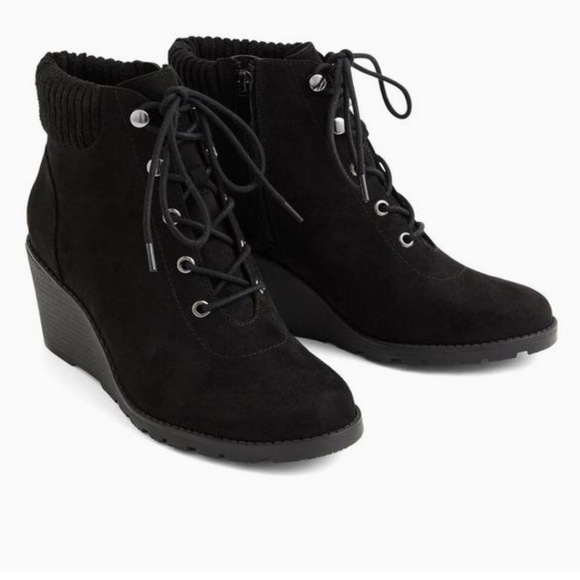 Torrid Black Faux Suede Sweater-trimmed wedge bootie Size 9WW - Picture 7 of 8